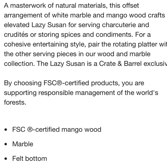 CRATE&BARREL NWT wood and marble lazy Susan - Picture 4 of 7